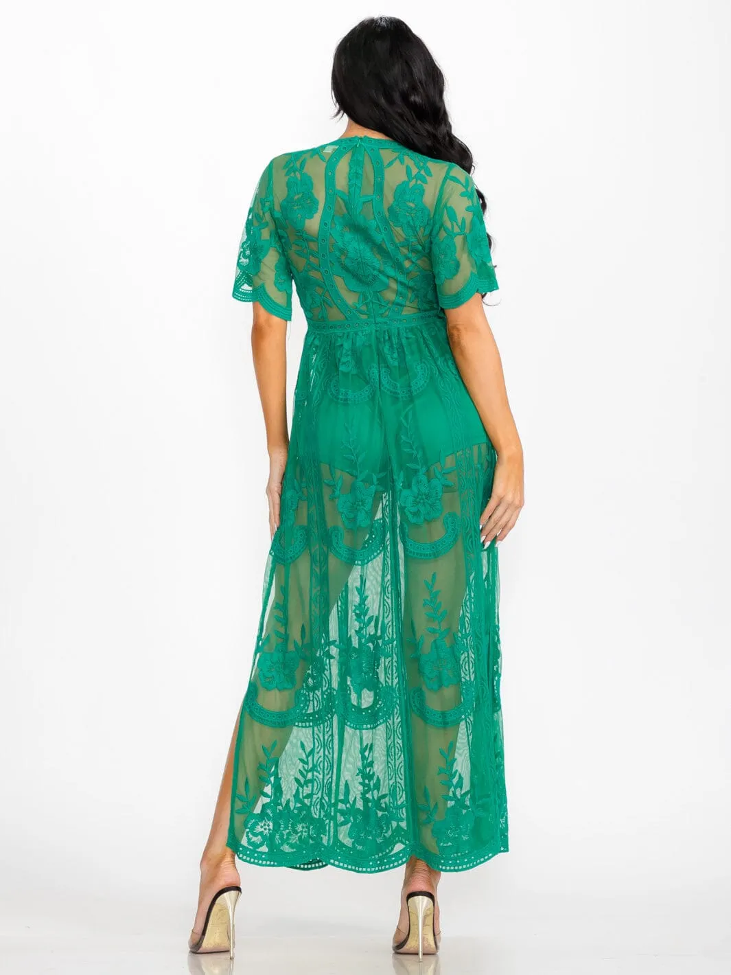 WOMEN'S SHORT SLEEVE V-NECK ALL OVER LACE MAXI DRESS
