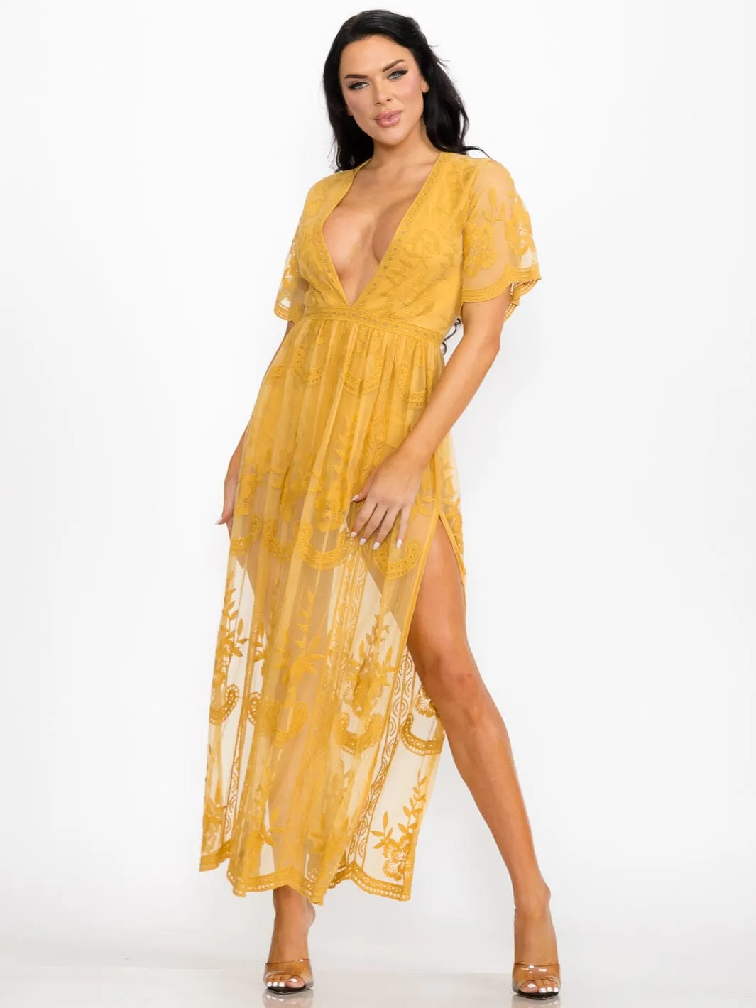 WOMEN'S SHORT SLEEVE V-NECK ALL OVER LACE MAXI DRESS