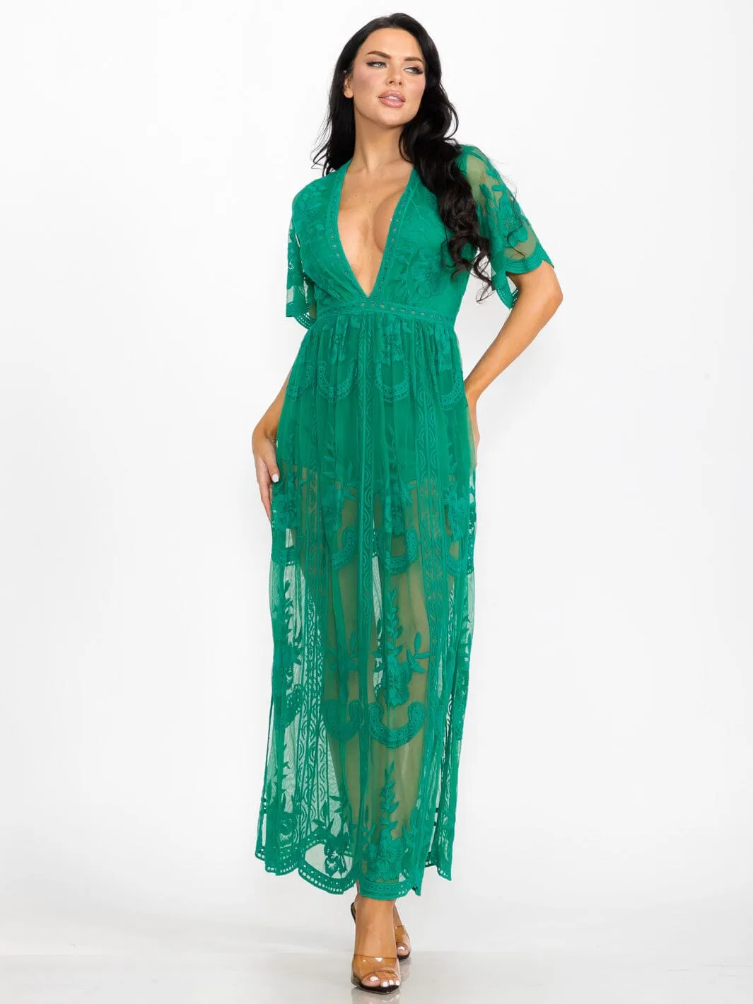 WOMEN'S SHORT SLEEVE V-NECK ALL OVER LACE MAXI DRESS