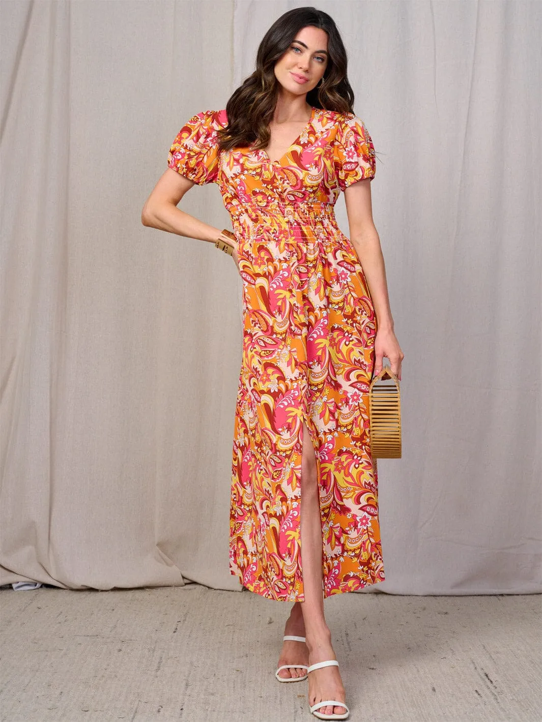 WOMEN'S SHORT SLEEVES BUTTON DETAILED SMOCK WAIST FLORAL MAXI DRESS