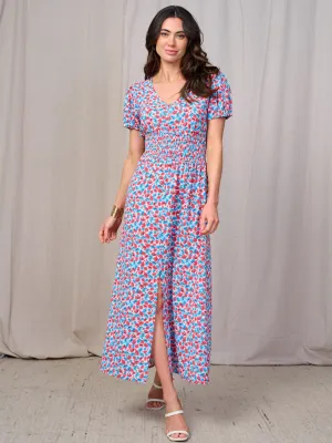 WOMEN'S SHORT SLEEVES BUTTON DETAILED SMOCK WAIST FLORAL MAXI DRESS