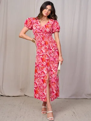 WOMEN'S SHORT SLEEVES BUTTON DETAILED SMOCK WAIST FLORAL MAXI DRESS