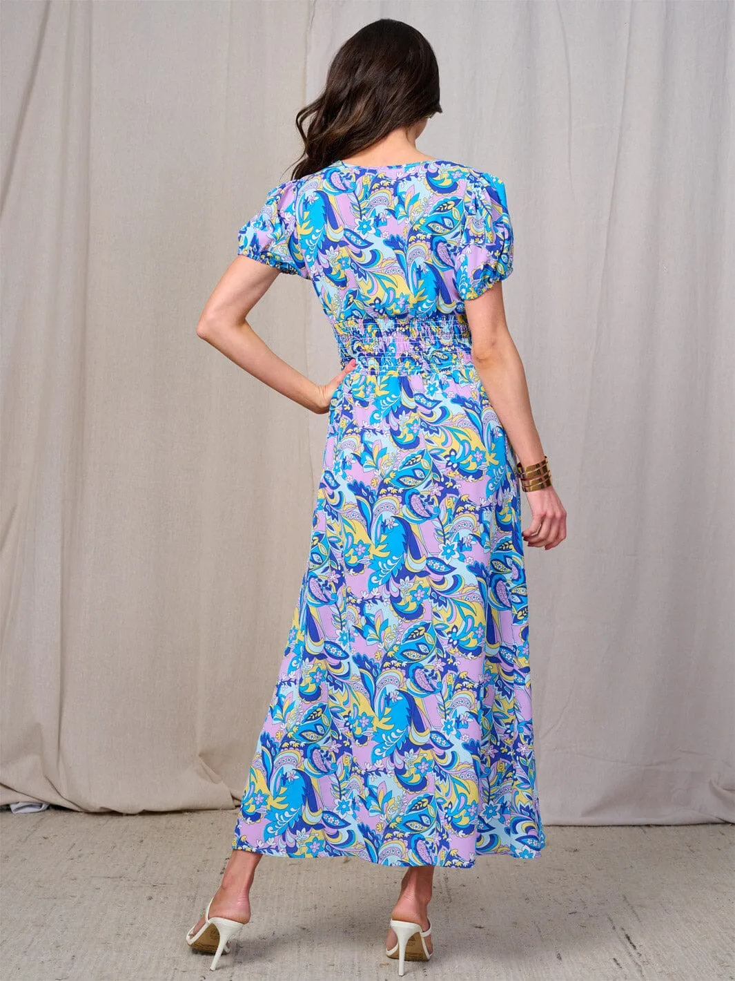 WOMEN'S SHORT SLEEVES BUTTON DETAILED SMOCK WAIST FLORAL MAXI DRESS