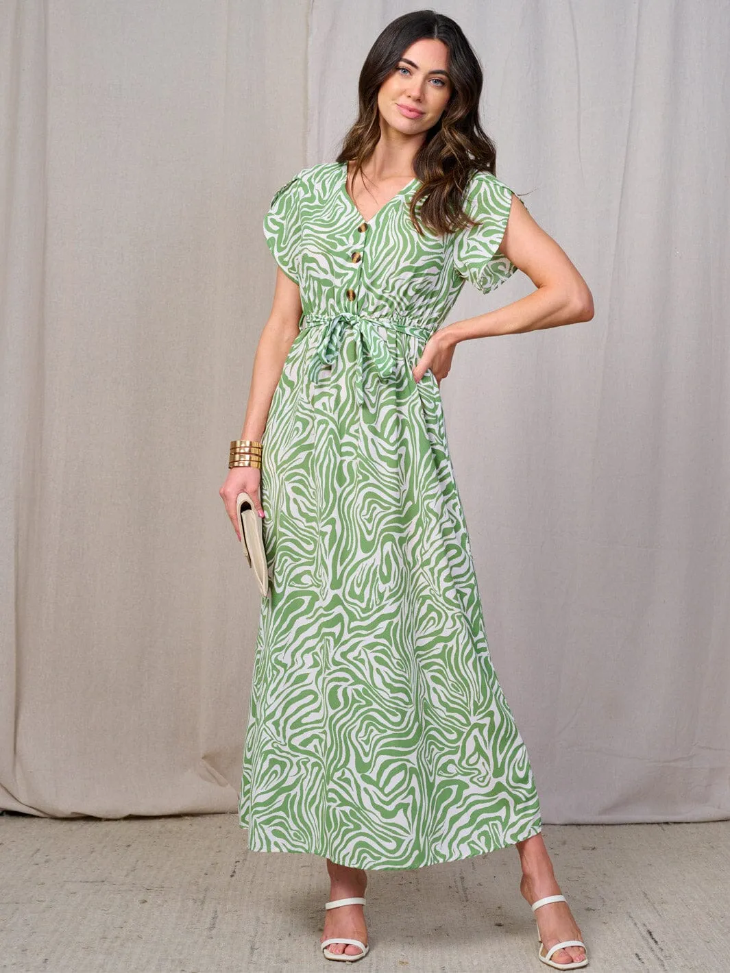 WOMEN'S SHORT SLEEVES BUTTON UP ELASTIC WAIST ZEBRA PRINT MAXI DRESS