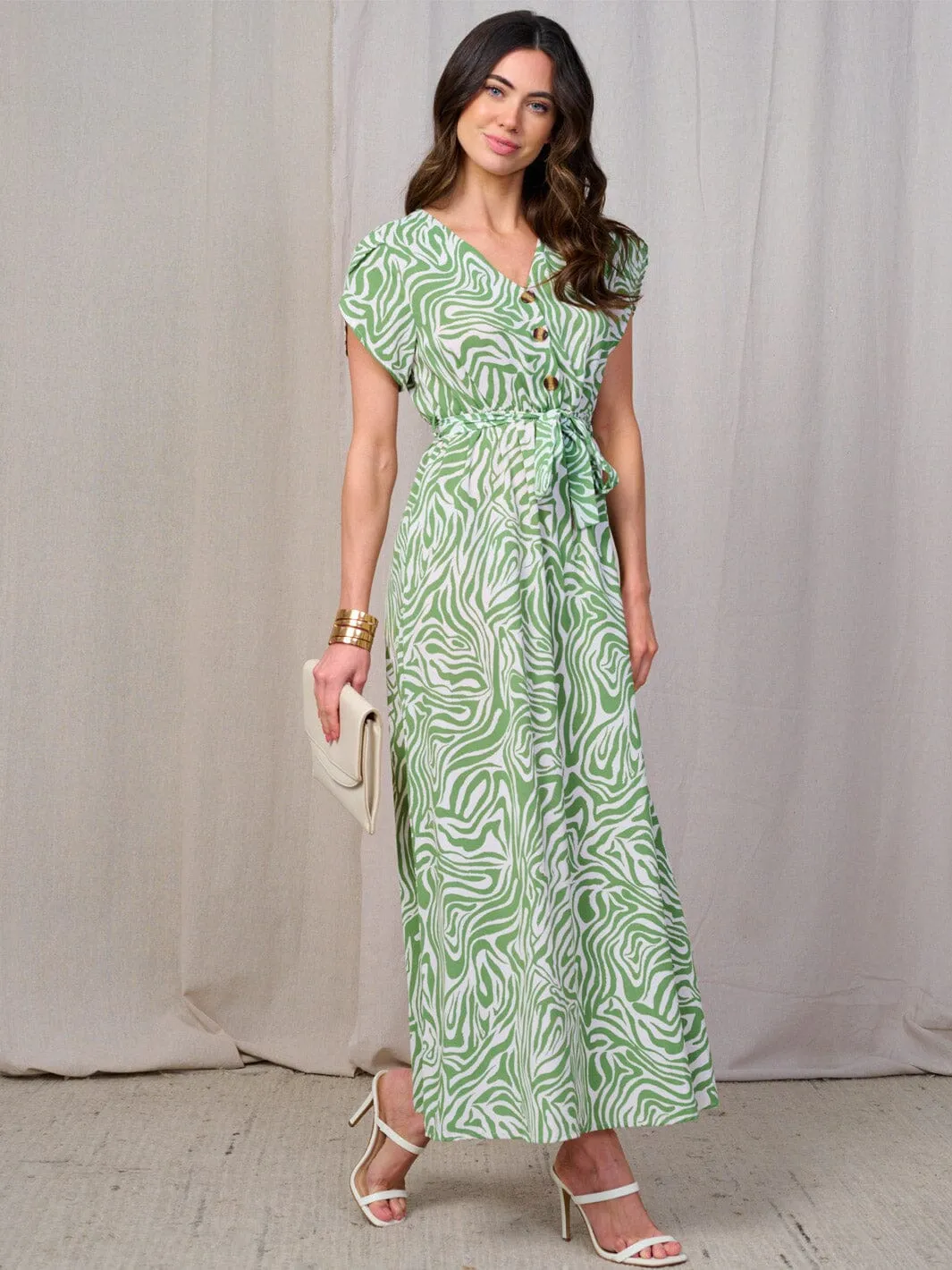 WOMEN'S SHORT SLEEVES BUTTON UP ELASTIC WAIST ZEBRA PRINT MAXI DRESS