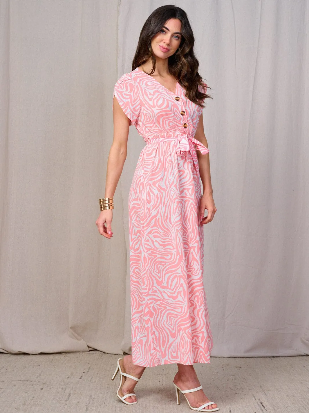 WOMEN'S SHORT SLEEVES BUTTON UP ELASTIC WAIST ZEBRA PRINT MAXI DRESS