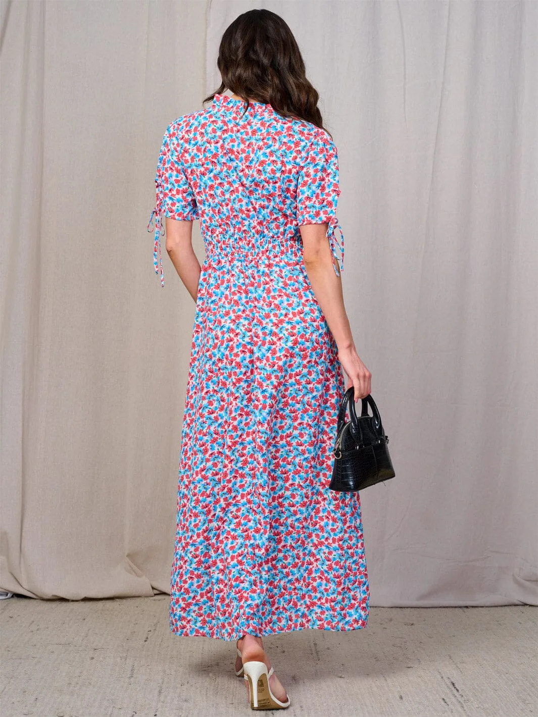 WOMEN'S SHORT SLEEVES BUTTON UP SMOCK WAIST FLORAL MAXI DRESS
