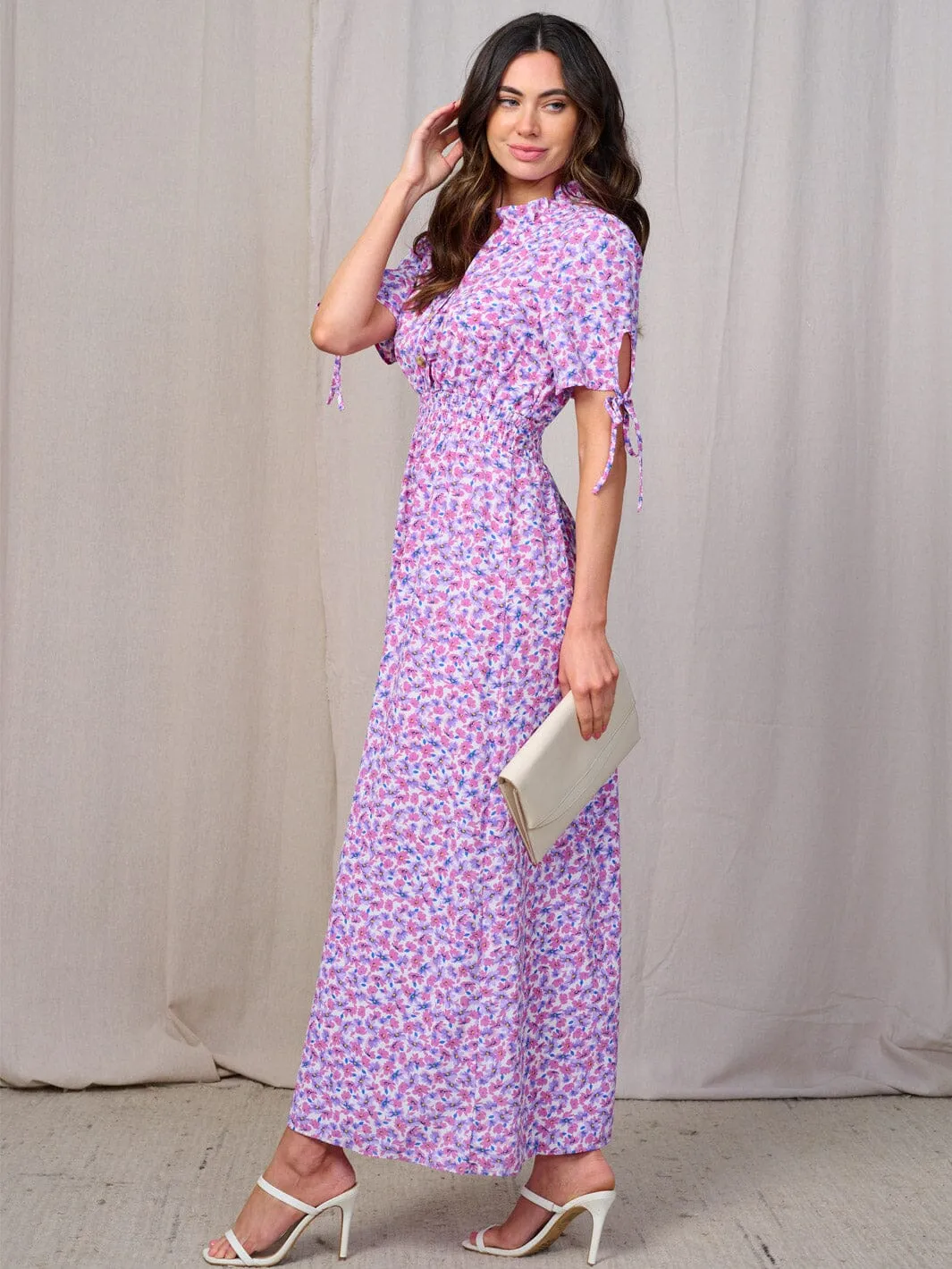 WOMEN'S SHORT SLEEVES BUTTON UP SMOCK WAIST FLORAL MAXI DRESS