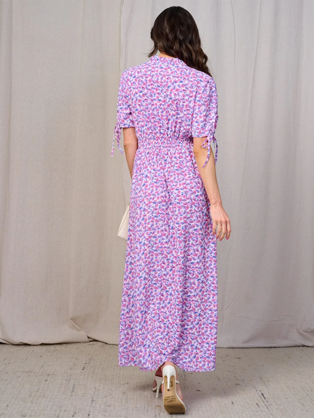 WOMEN'S SHORT SLEEVES BUTTON UP SMOCK WAIST FLORAL MAXI DRESS