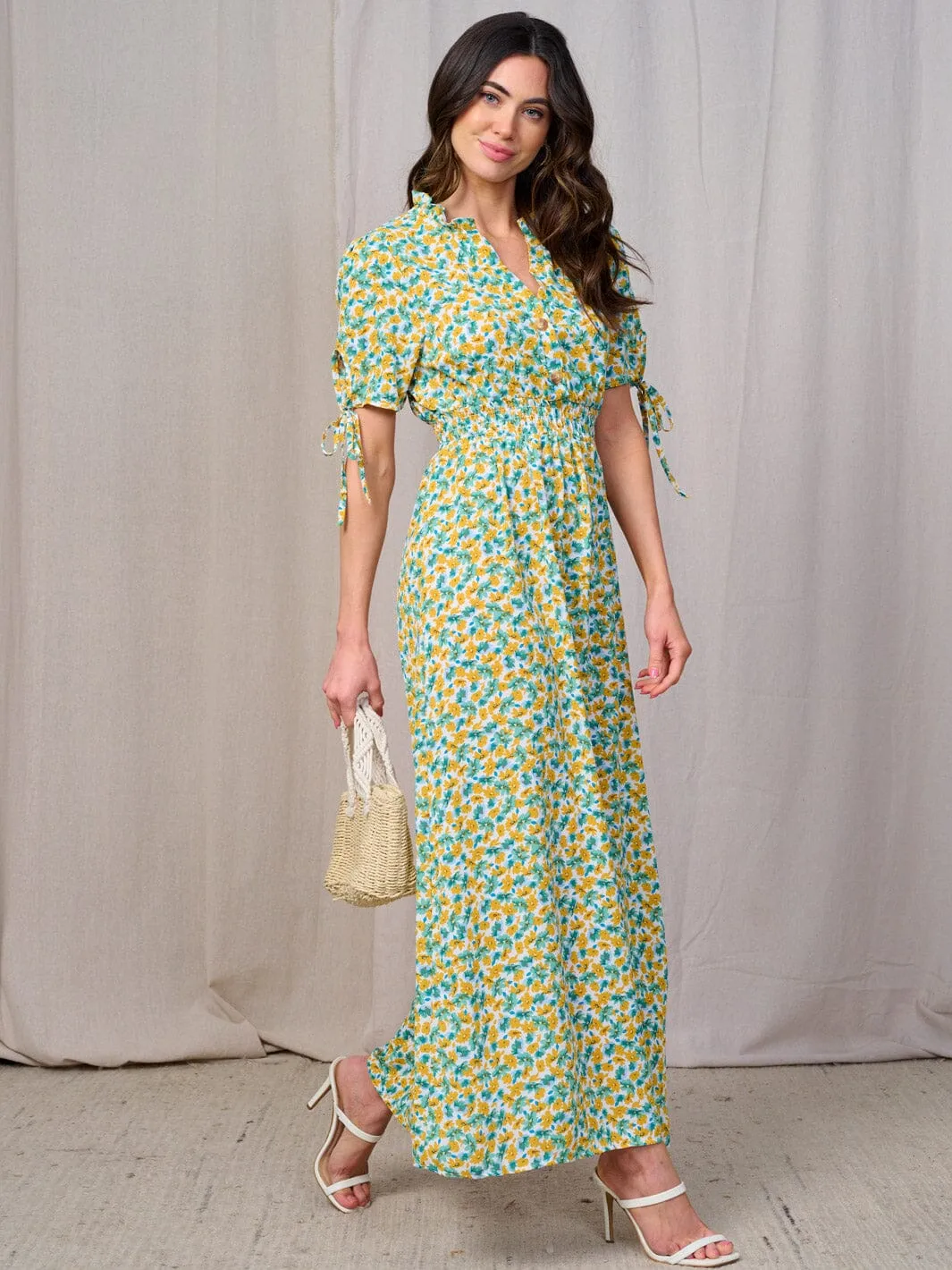 WOMEN'S SHORT SLEEVES BUTTON UP SMOCK WAIST FLORAL MAXI DRESS