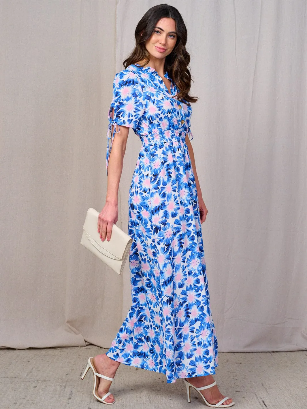 WOMEN'S SHORT SLEEVES BUTTON UP SMOCK WAIST FLORAL MAXI DRESS