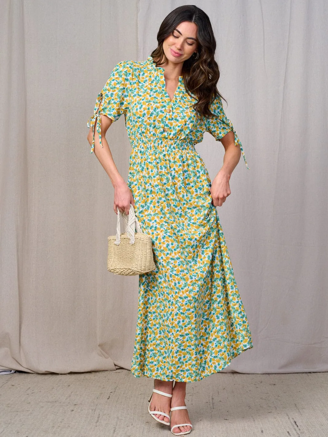 WOMEN'S SHORT SLEEVES BUTTON UP SMOCK WAIST FLORAL MAXI DRESS