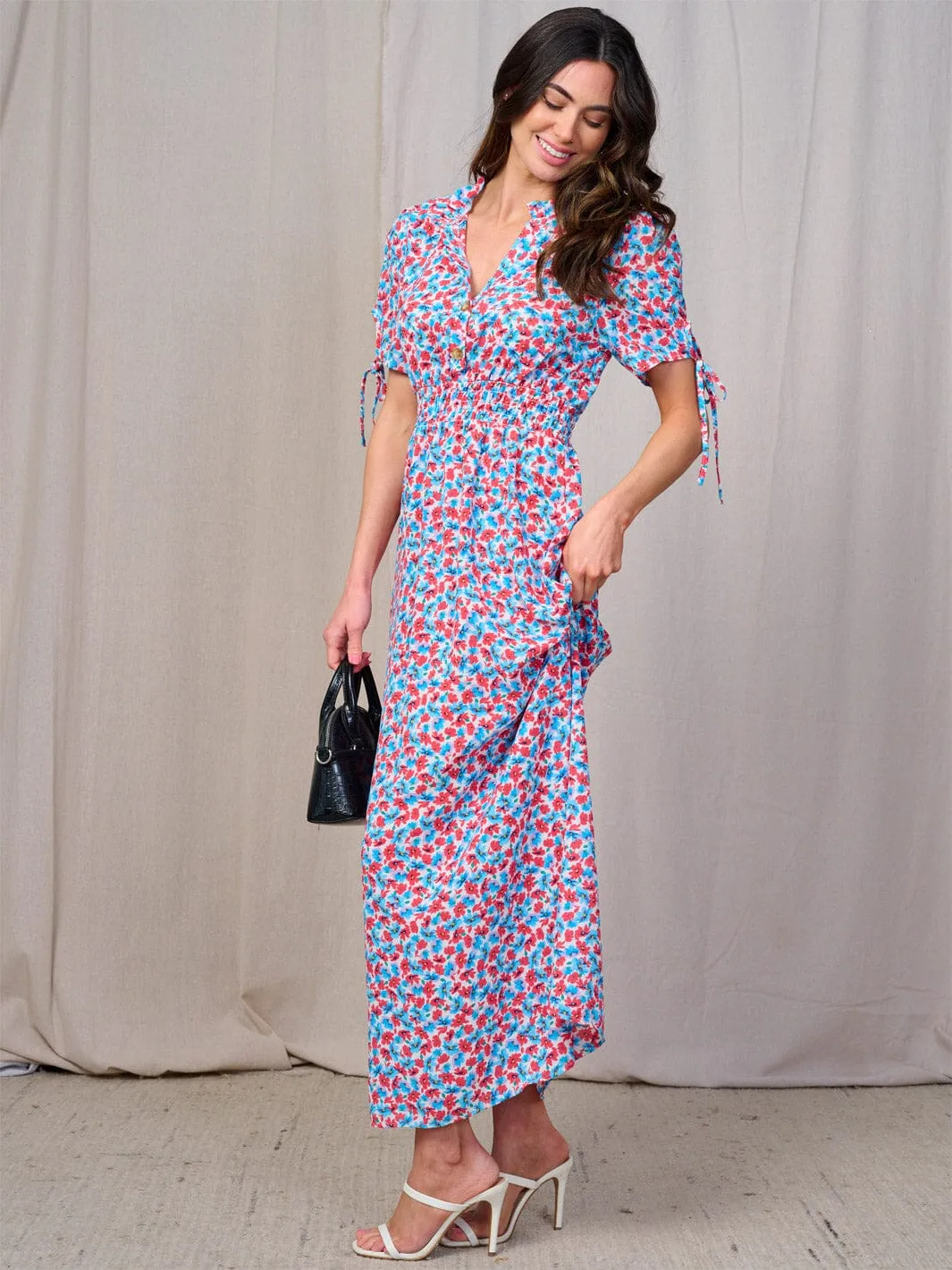 WOMEN'S SHORT SLEEVES BUTTON UP SMOCK WAIST FLORAL MAXI DRESS