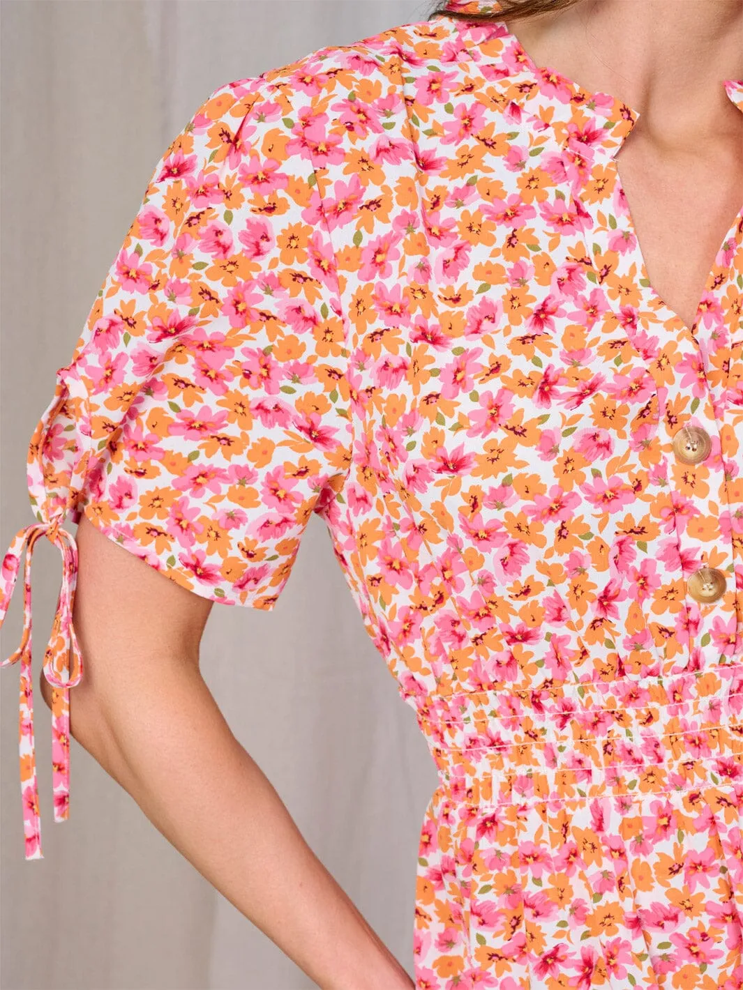 WOMEN'S SHORT SLEEVES BUTTON UP SMOCK WAIST FLORAL MAXI DRESS