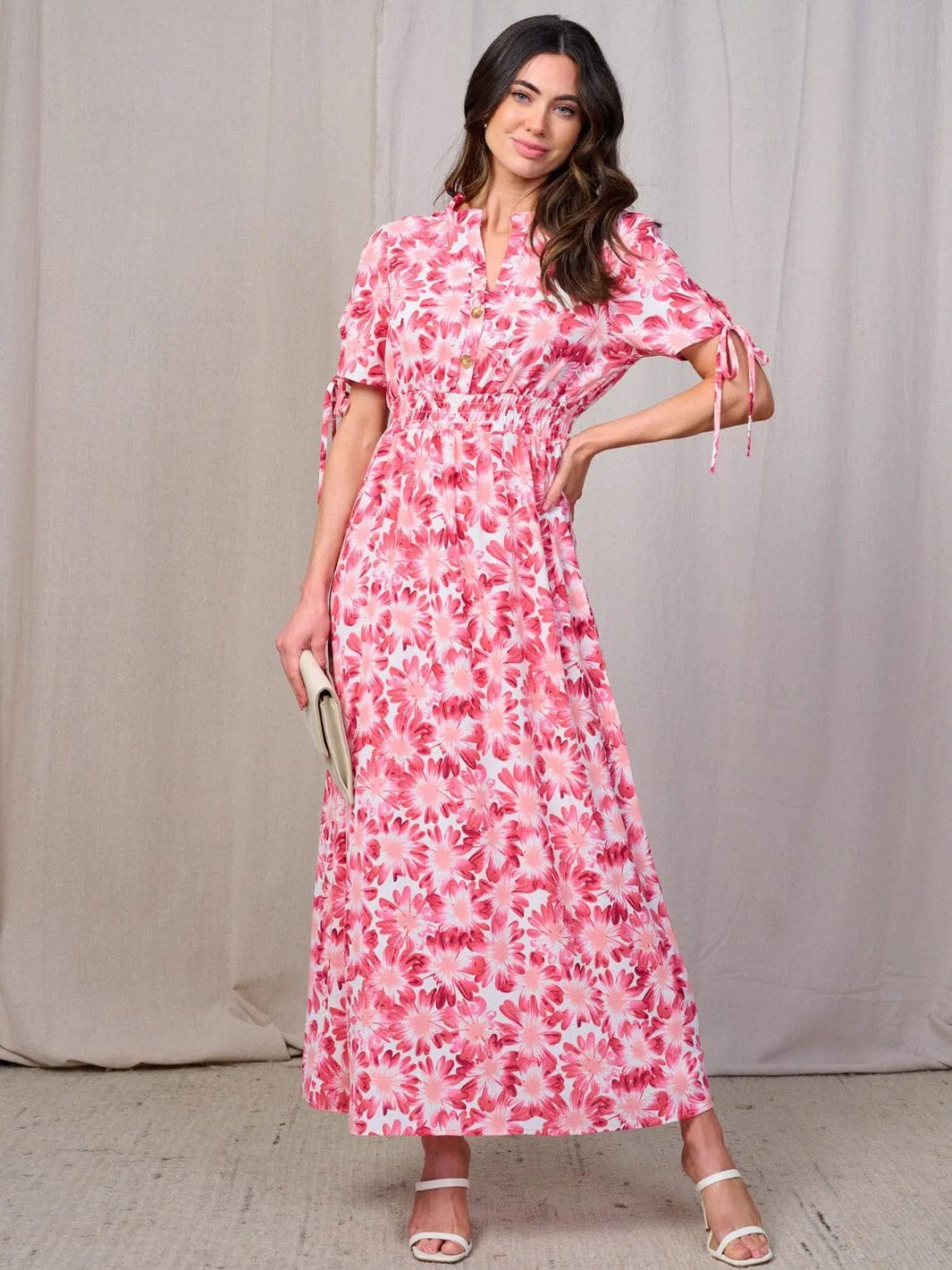 WOMEN'S SHORT SLEEVES BUTTON UP SMOCK WAIST FLORAL MAXI DRESS