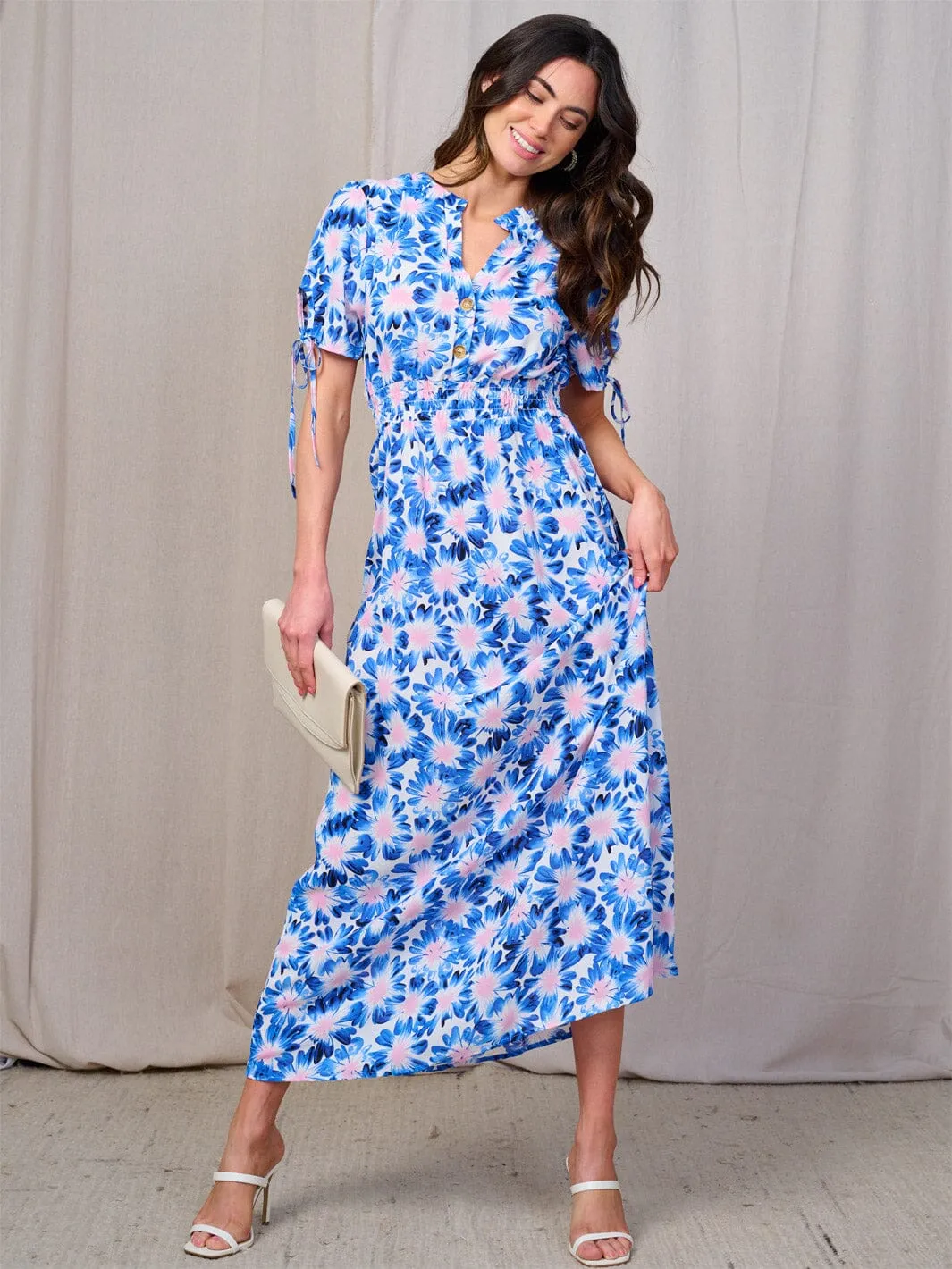 WOMEN'S SHORT SLEEVES BUTTON UP SMOCK WAIST FLORAL MAXI DRESS