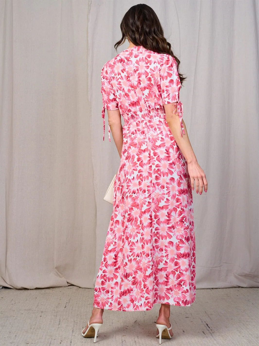 WOMEN'S SHORT SLEEVES BUTTON UP SMOCK WAIST FLORAL MAXI DRESS