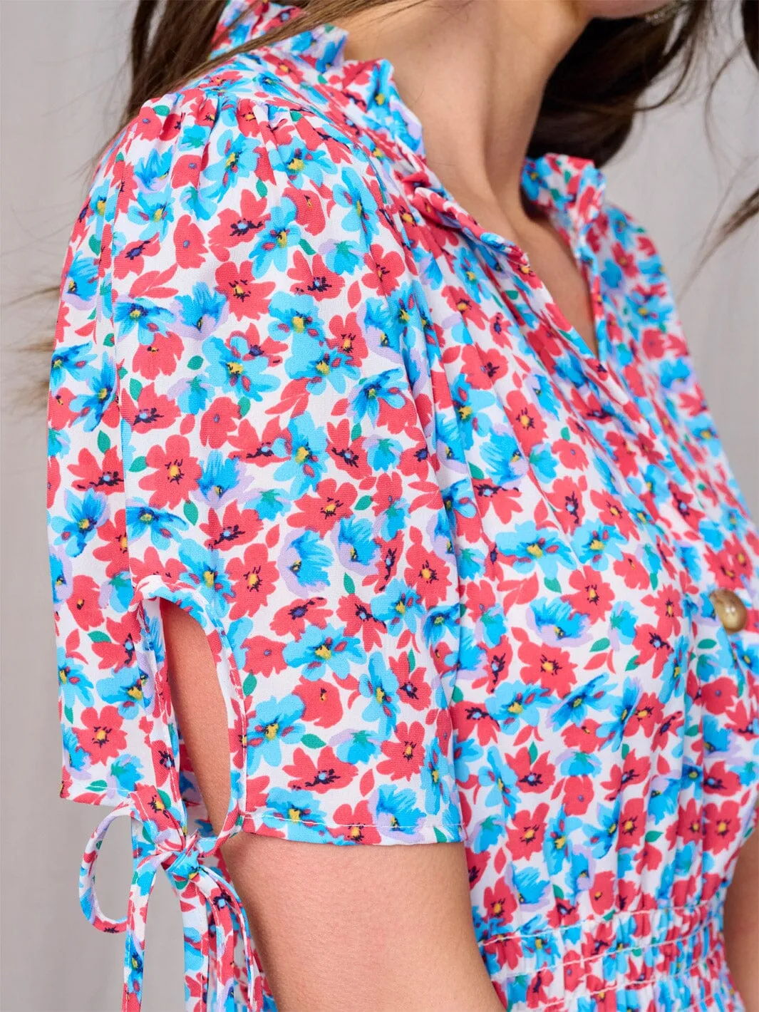 WOMEN'S SHORT SLEEVES BUTTON UP SMOCK WAIST FLORAL MAXI DRESS