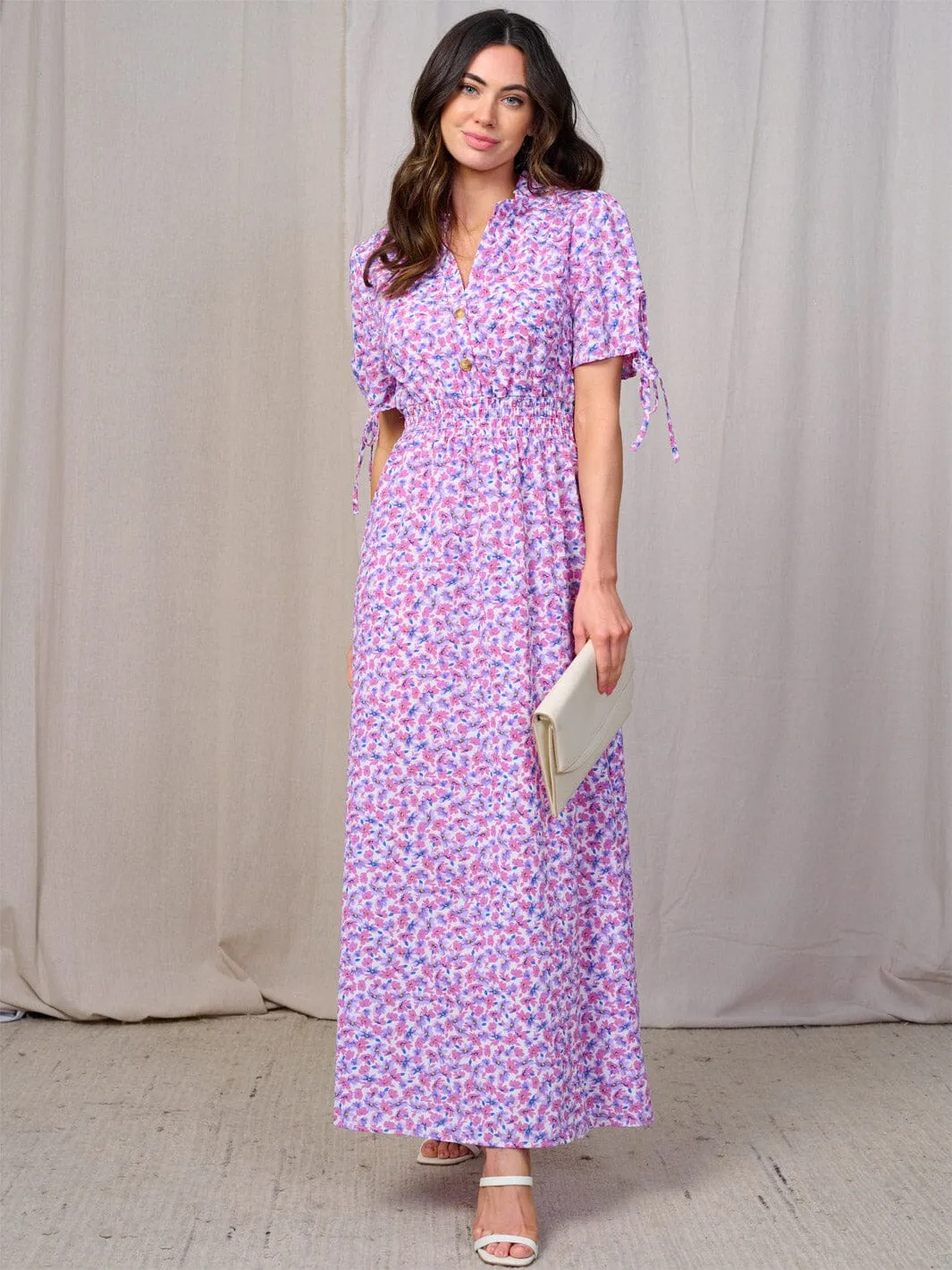 WOMEN'S SHORT SLEEVES BUTTON UP SMOCK WAIST FLORAL MAXI DRESS