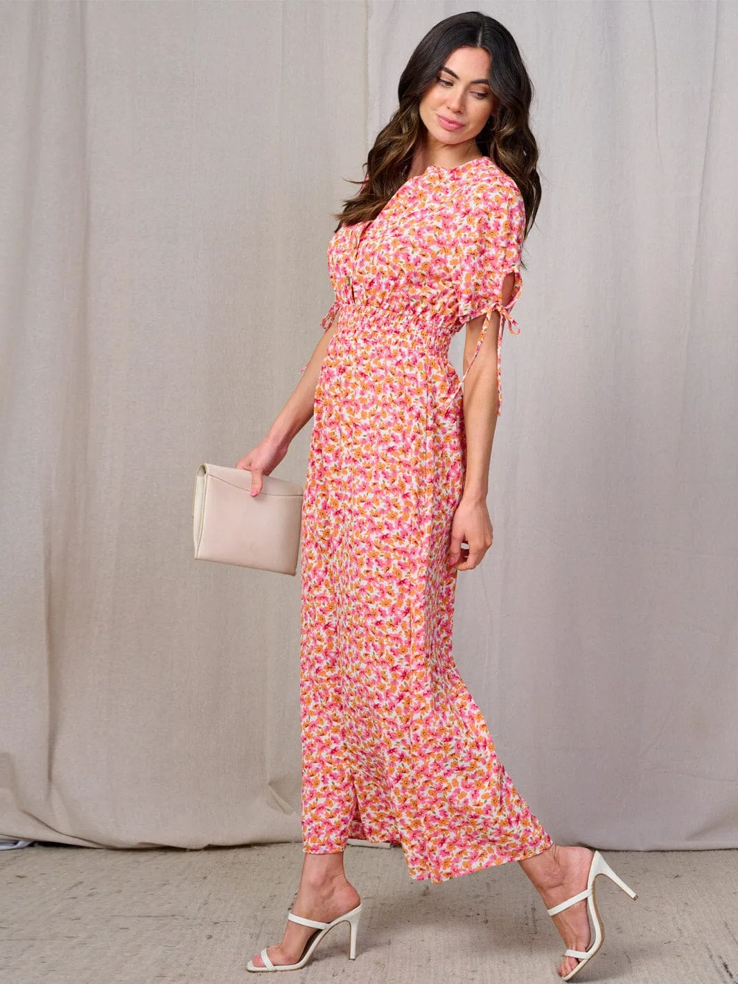 WOMEN'S SHORT SLEEVES BUTTON UP SMOCK WAIST FLORAL MAXI DRESS