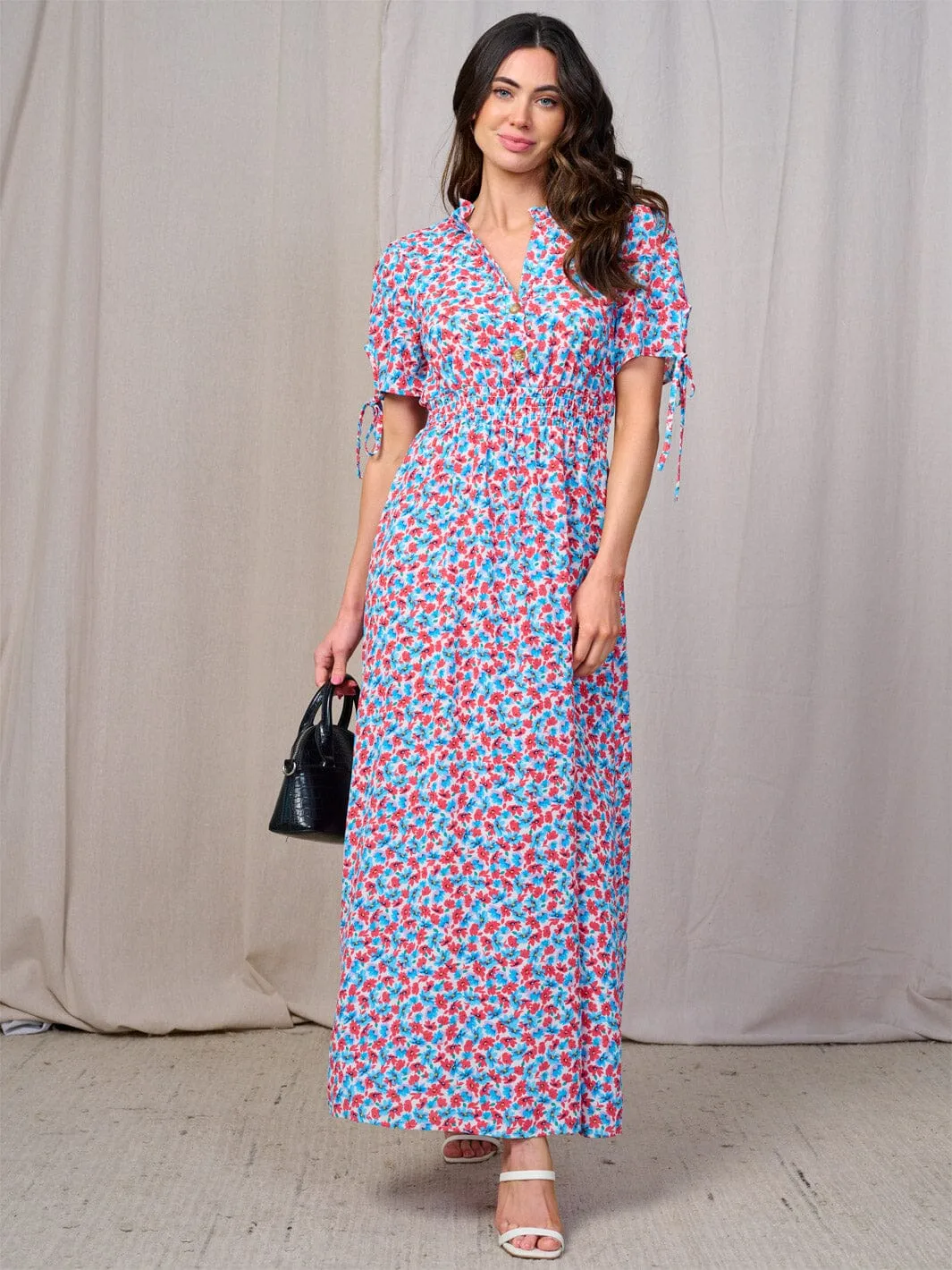WOMEN'S SHORT SLEEVES BUTTON UP SMOCK WAIST FLORAL MAXI DRESS