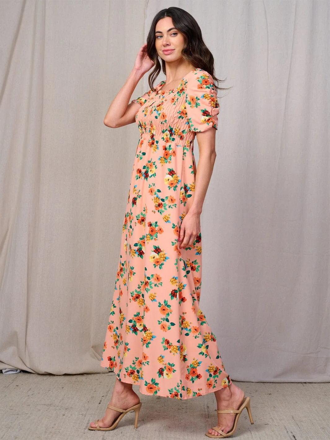 WOMEN'S SHORT SLEEVES SQUARE NECK SMOCK FLORAL MAXI DRESS