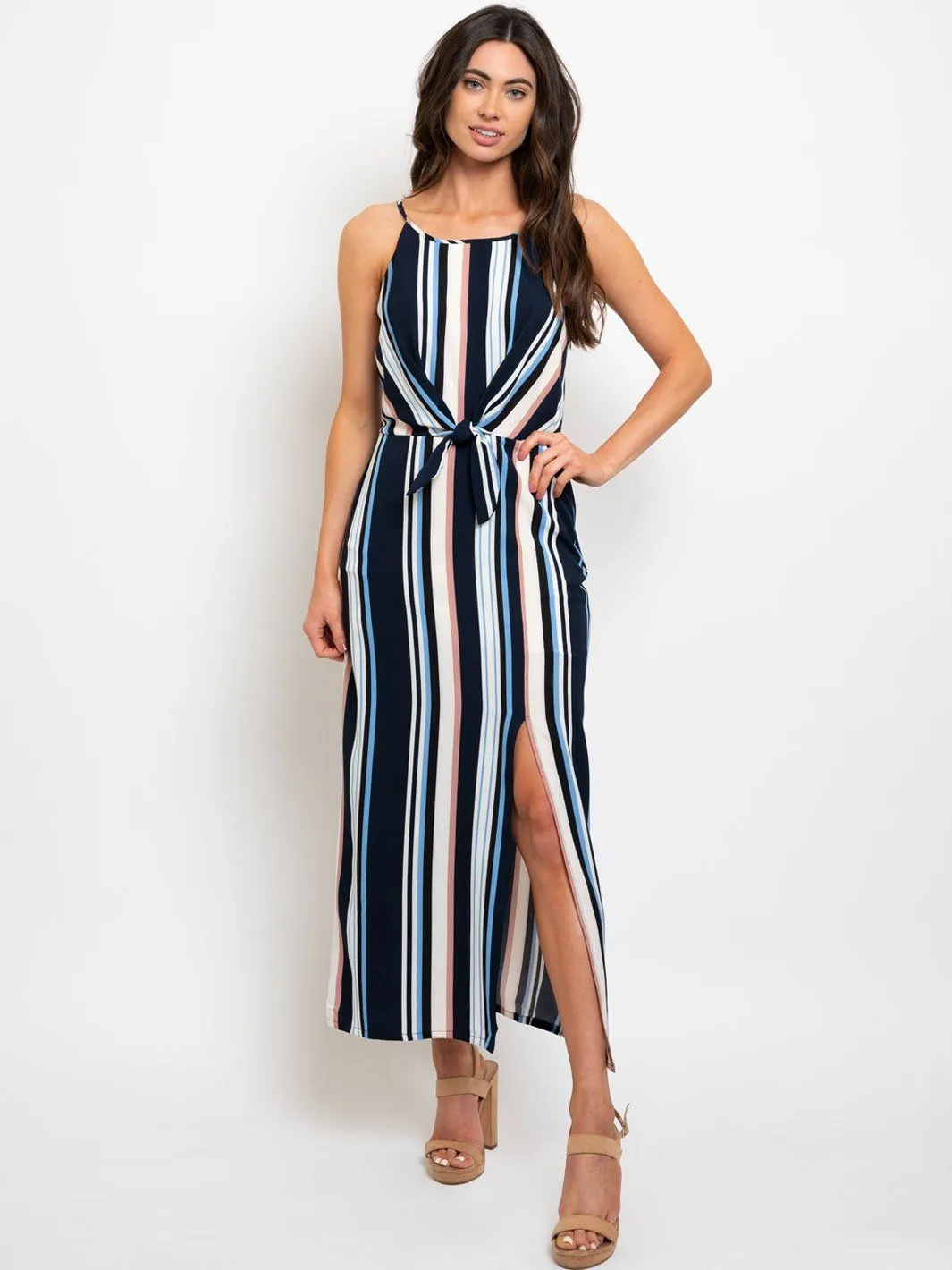 WOMEN'S SLEEVELESS FRONT TIE DETAIL STRIPES MAXI DRESS