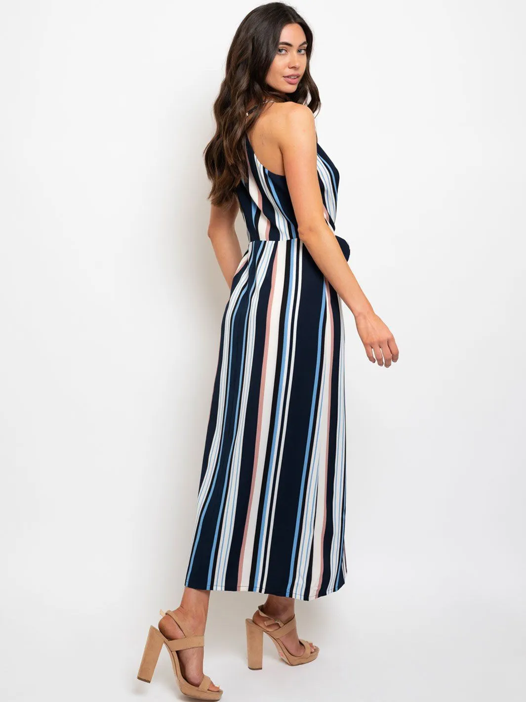 WOMEN'S SLEEVELESS FRONT TIE DETAIL STRIPES MAXI DRESS