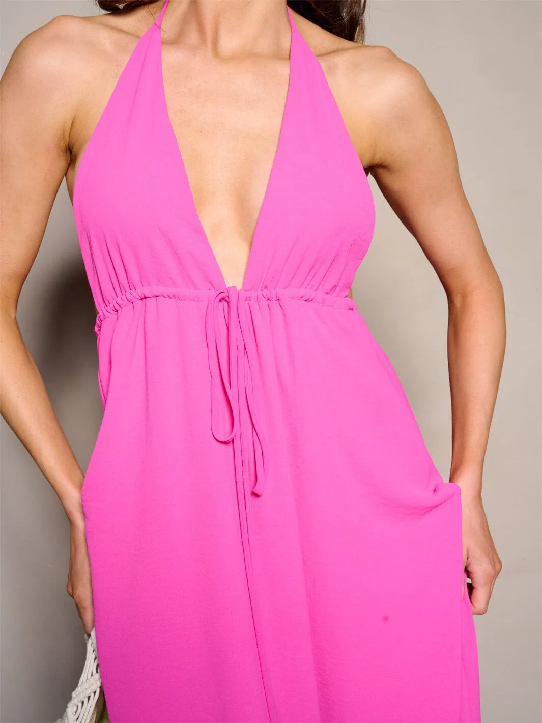 WOMEN'S SLEEVELESS NECK TIE OPEN BACK V-NECK MAXI DRESS