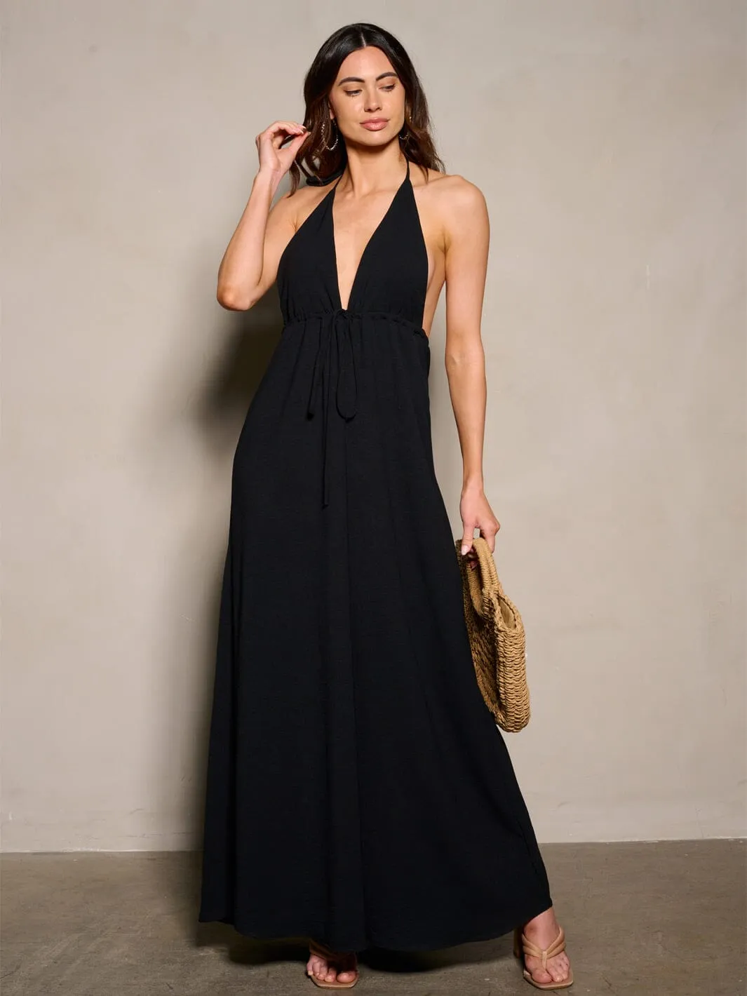 WOMEN'S SLEEVELESS NECK TIE OPEN BACK V-NECK MAXI DRESS