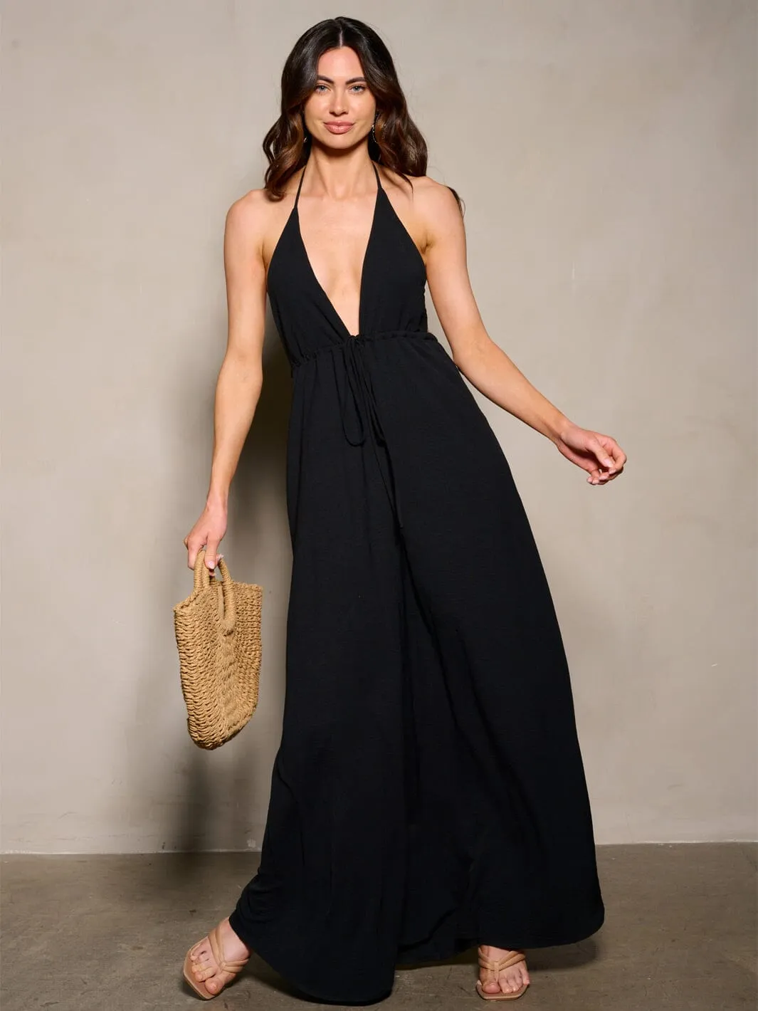 WOMEN'S SLEEVELESS NECK TIE OPEN BACK V-NECK MAXI DRESS