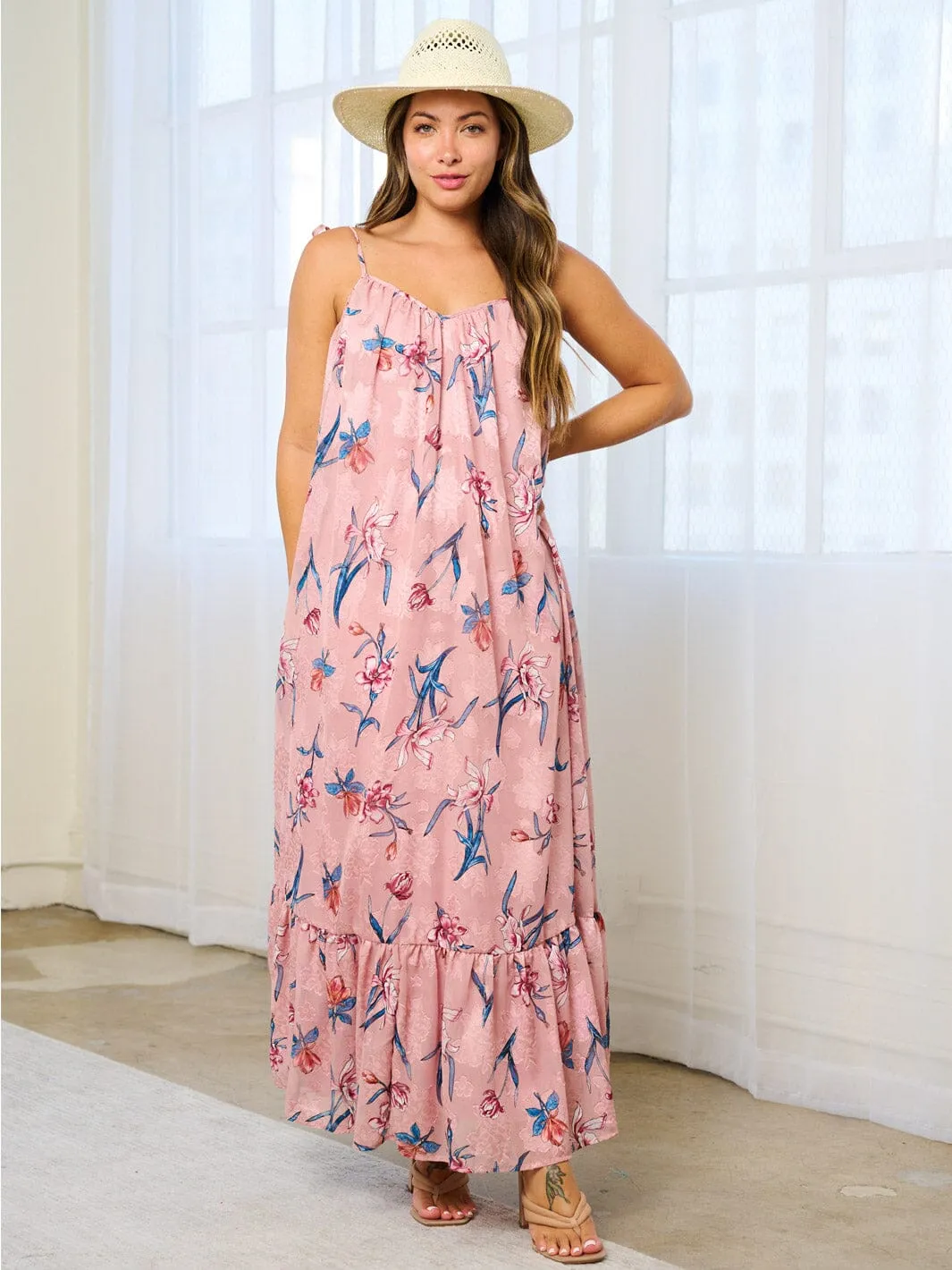 WOMEN'S SLEEVELESS OPEN BACK POCKETS TUNIC FLORAL MAXI DRESS