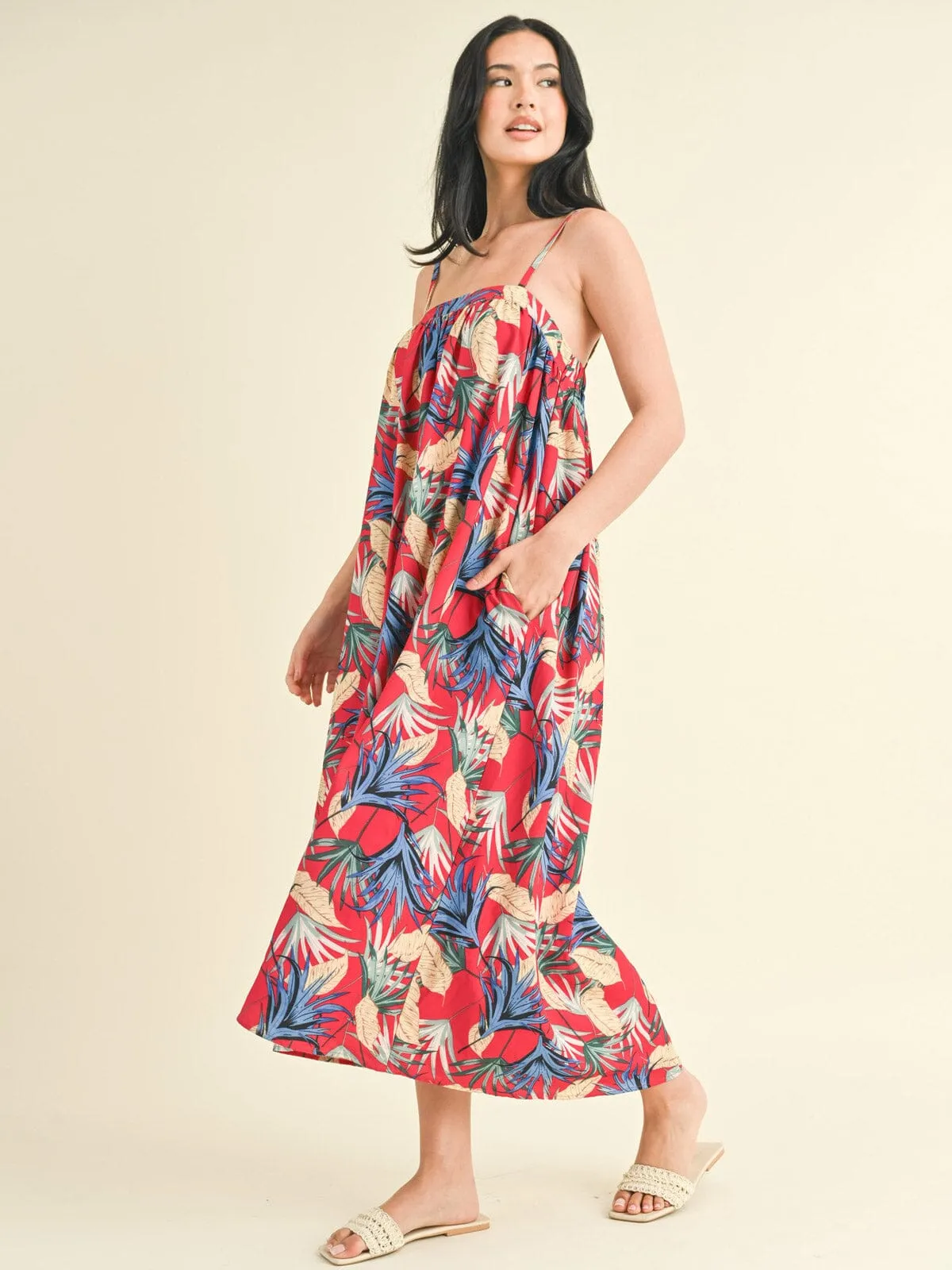 WOMEN'S SLEEVELESS POCKETS FLORAL TUNIC MAXI DRESS