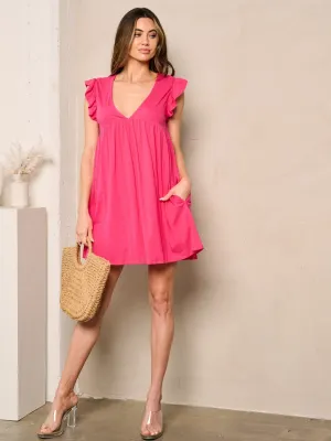 WOMEN'S SLEEVELESS RUFFLE V-NECK POCKETS TUNIC MINI DRESS