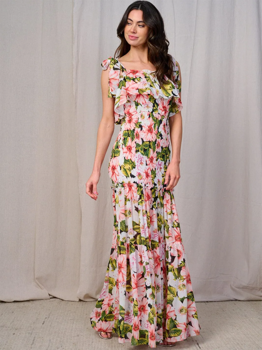 WOMEN'S SLEEVELESS SMOCK BODYCE TIERED FLORAL MAXI DRESS