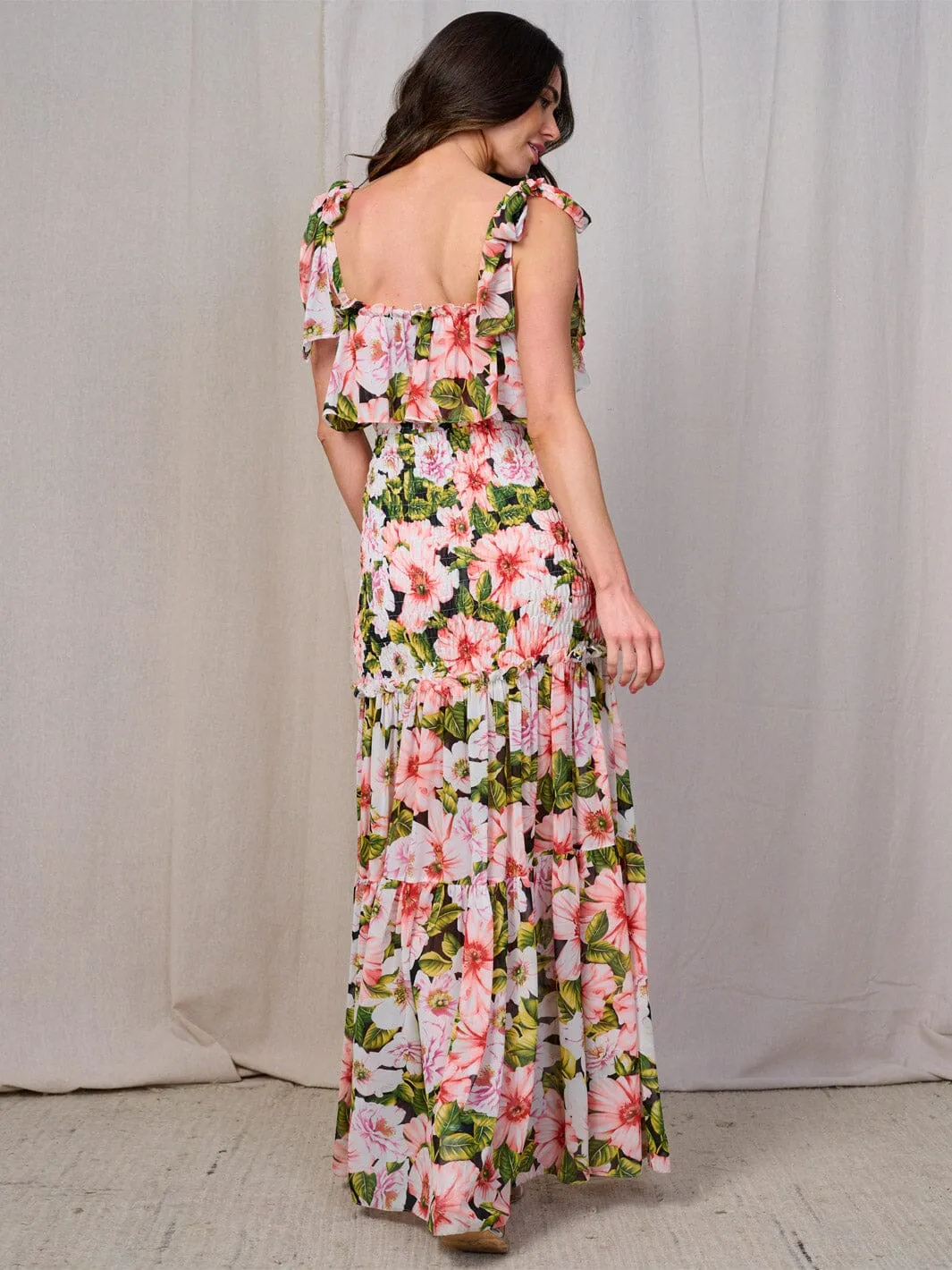 WOMEN'S SLEEVELESS SMOCK BODYCE TIERED FLORAL MAXI DRESS