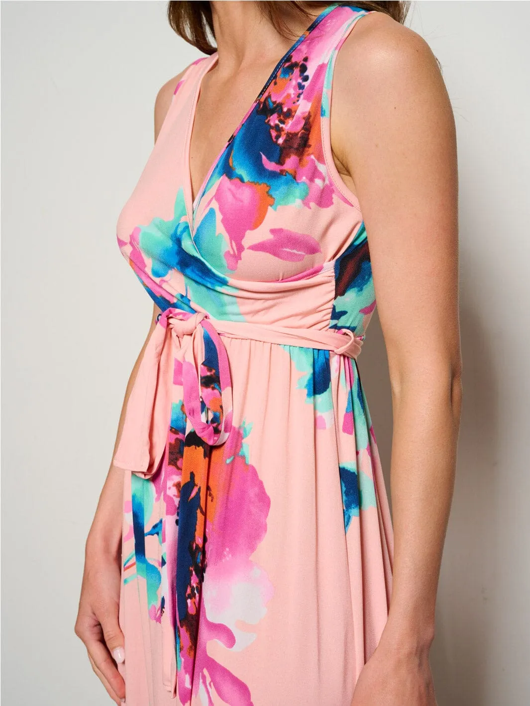 WOMEN'S SLEEVELESS SURPLICE SELF TIE ELASTIC WAIST FLORAL MAXI DRESS