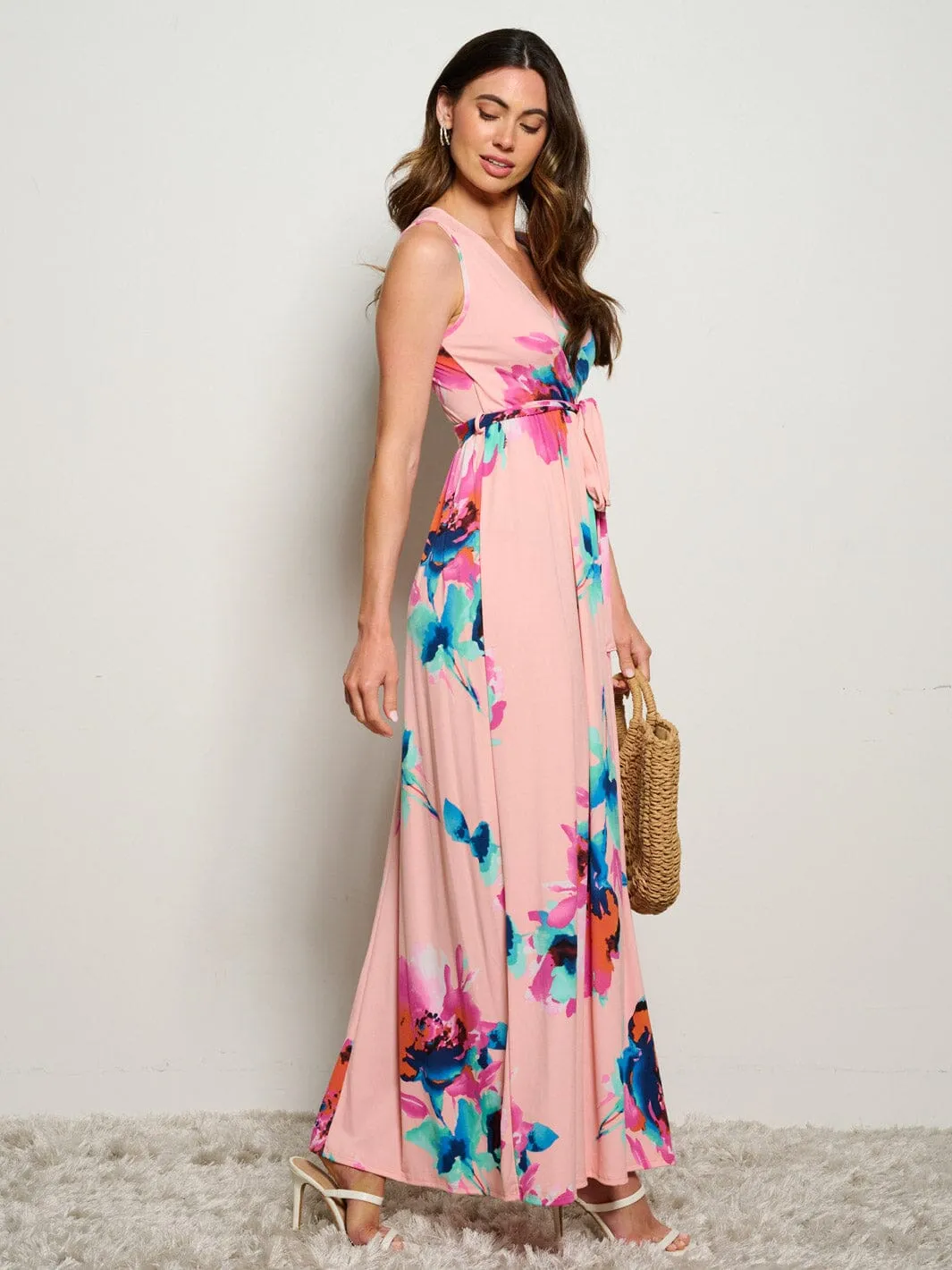 WOMEN'S SLEEVELESS SURPLICE SELF TIE ELASTIC WAIST FLORAL MAXI DRESS