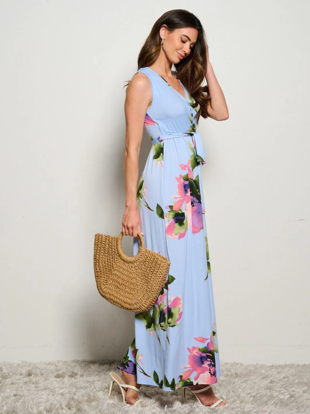 WOMEN'S SLEEVELESS SURPLICE SELF TIE ELASTIC WAIST FLORAL MAXI DRESS