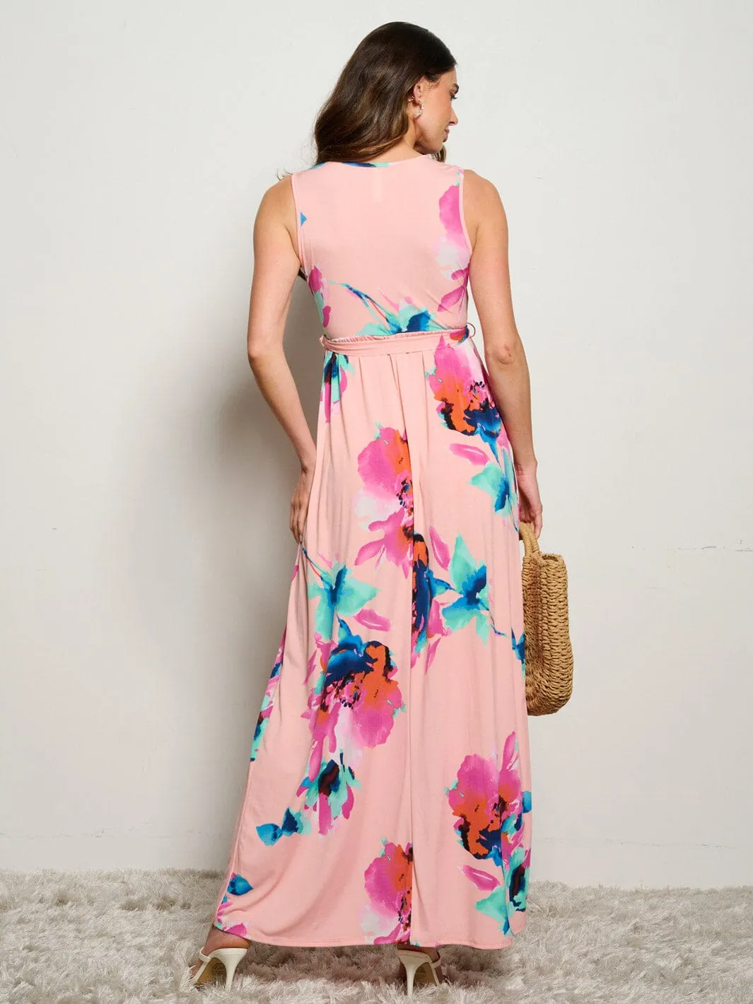 WOMEN'S SLEEVELESS SURPLICE SELF TIE ELASTIC WAIST FLORAL MAXI DRESS