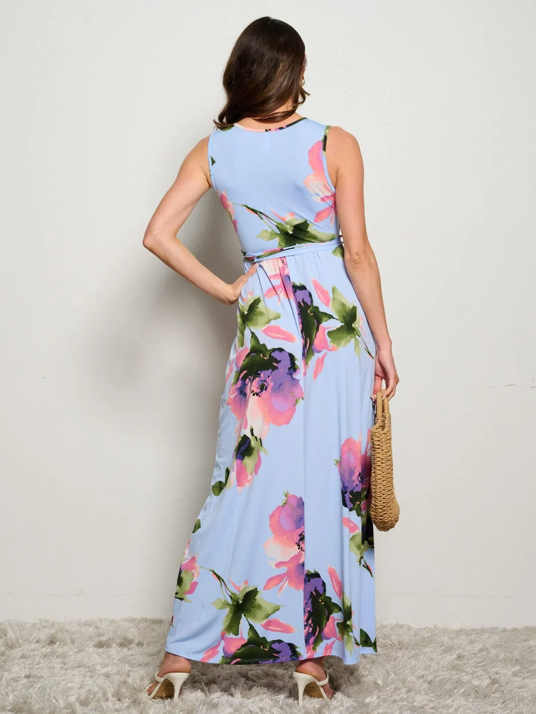 WOMEN'S SLEEVELESS SURPLICE SELF TIE ELASTIC WAIST FLORAL MAXI DRESS