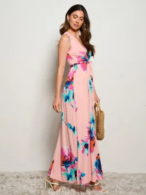 WOMEN'S SLEEVELESS SURPLICE SELF TIE ELASTIC WAIST FLORAL MAXI DRESS