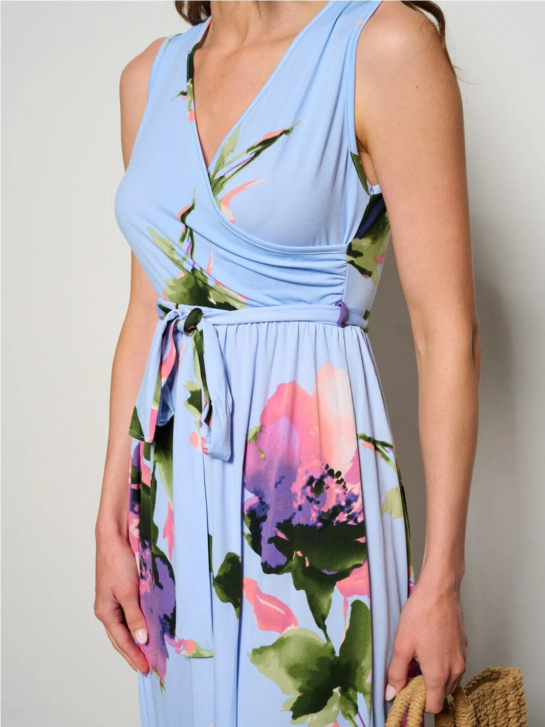 WOMEN'S SLEEVELESS SURPLICE SELF TIE ELASTIC WAIST FLORAL MAXI DRESS