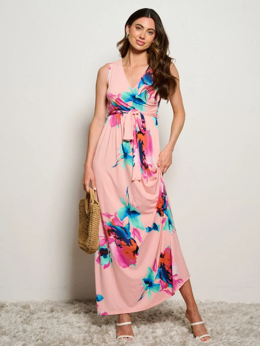 WOMEN'S SLEEVELESS SURPLICE SELF TIE ELASTIC WAIST FLORAL MAXI DRESS