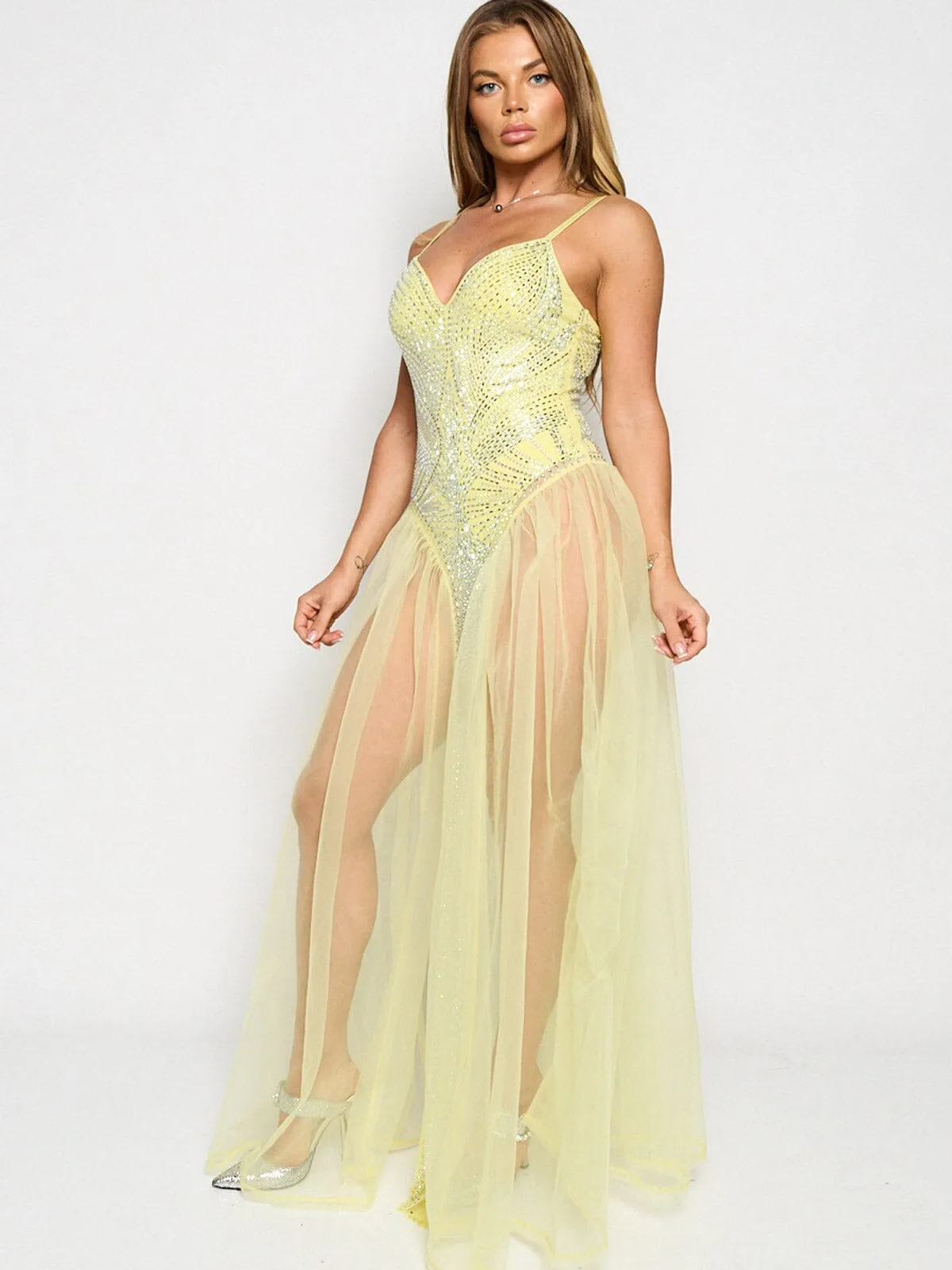 WOMEN'S SLEEVELESS V-NECK STUDS MAXI DRESS