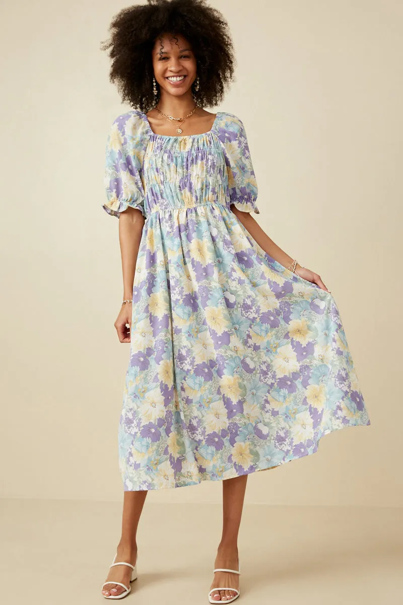 Womens Tropical Floral Smocked Bodice Dress