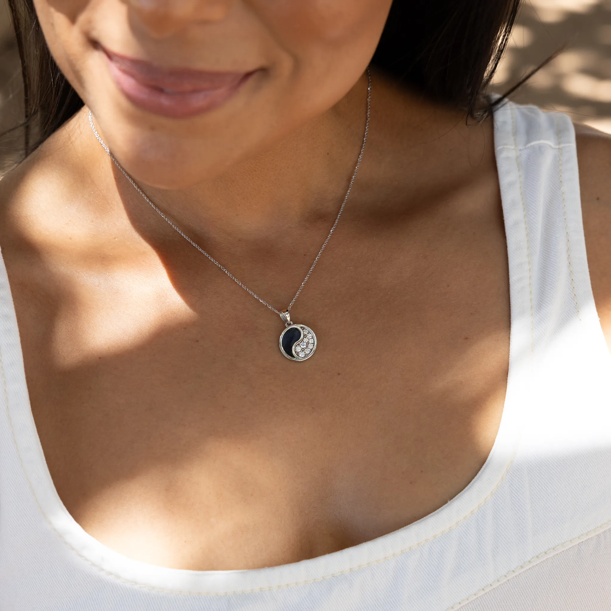 Yin Yang Black Coral Pendant in White Gold with Diamonds- 15mm
